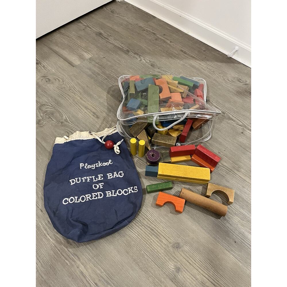 Vintage Toys Playskool Primary Color Wooden Blocks & Duffle Bag O’Blocks LOT
